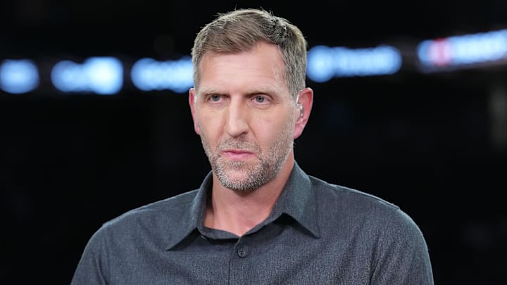 Dec 13, 2025; Las Vegas, Nevada, USA; NBA on Amazon studio analyst Dirk Nowitzki during the NBA Cup semifinals at T-Mobile Arena. Mandatory Credit: Kirby Lee-Imagn Images