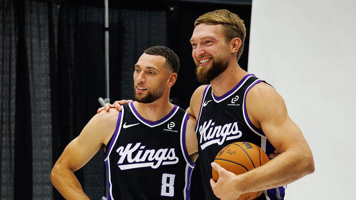 Sep 29, 2025; Sacramento, CA, USA; Sacramento Kings guard Zach LaVine (8) and forward Domantas Sabonis (11) pose for a photo during media day at Golden 1 Center. Sep 29, 2025; Sacramento, CA, USA; Sacramento Kings guard Zach LaVine (8) and forward Domantas Sabonis (11) pose for a photo during media day at Golden 1 Center.