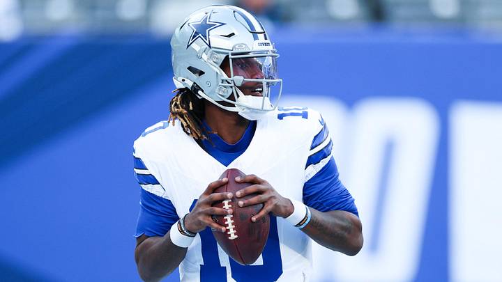 Dallas Cowboys quarterback Joe Milton III drops back to pass during the third quarter against the New York Giants. Dallas Cowboys quarterback Joe Milton III drops back to pass during the third quarter against the New York Giants.