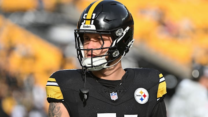 Pittsburgh Steelers linebacker Nick Herbig warms up for a game against the Baltimore Ravens at Acrisure Stadium. Pittsburgh Steelers linebacker Nick Herbig warms up for a game against the Baltimore Ravens at Acrisure Stadium.
