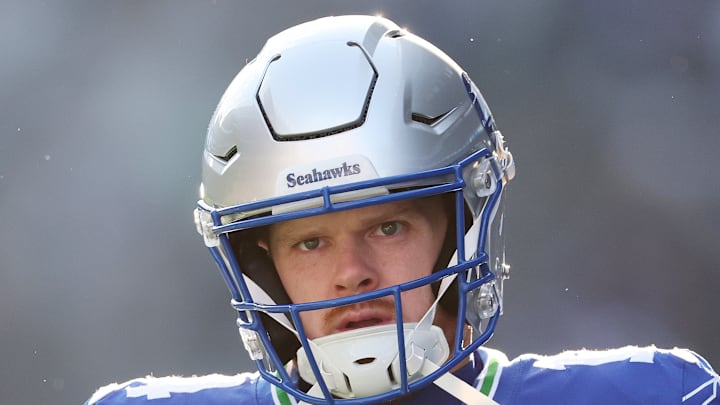 Sam Darnold of the Seattle Seahawks looks on Sam Darnold of the Seattle Seahawks looks on