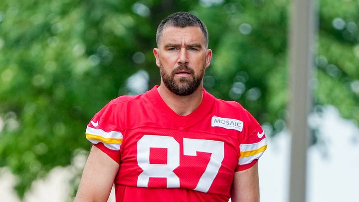 Kansas City Chiefs tight end Travis Kelce walks down the hill to the practice fields during training camp at Missouri Western State University.