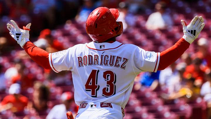 Sep 2, 2026; Cincinnati, Ohio, USA; Cincinnati Reds outfielder Hector Rodriguez (43) reacts after hitting a solo home run in the second inning against the San Diego Padres at Great American Ball Park. Mandatory Credit: Katie Stratman-Imagn Images