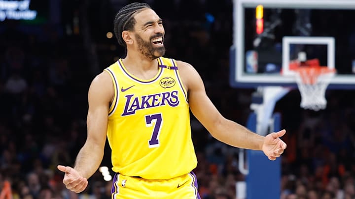 Los Angeles Lakers guard Gabe Vincent (7) smiles after a play against the Oklahoma City Thunder during the second half at Paycom Center.