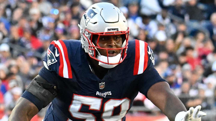 Nov 17, 2024; Foxborough, Massachusetts, USA; New England Patriots offensive tackle Vederian Lowe (59) in action during the first half against the Los Angeles Rams at Gillette Stadium. Mandatory Credit: Eric Canha-Imagn Images