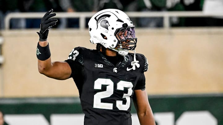 Michigan State's Darius Snow gets the crowd pumped up during the first overtime against Boston College on Saturday, Sept. 6, 2025, at Spartan Stadium in East Lansing. Michigan State's Darius Snow gets the crowd pumped up during the first overtime against Boston College on Saturday, Sept. 6, 2025, at Spartan Stadium in East Lansing.