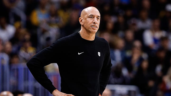 Nov 3, 2025; Denver, Colorado, USA; Sacramento Kings head coach Doug Christie in the first quarter against the Denver Nuggets at Ball Arena. Mandatory Credit: Isaiah J. Downing-Imagn Images