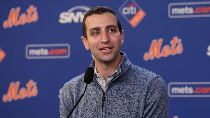 Jul 30, 2024; New York City, New York, USA; New York Mets president of baseball operations David Stearns speaks to the media about the MLB trade deadline before a game against the Minnesota Twins at Citi Field. Mandatory Credit: Brad Penner-Imagn Images Jul 30, 2024; New York City, New York, USA; New York Mets president of baseball operations David Stearns speaks to the media about the MLB trade deadline before a game against the Minnesota Twins at Citi Field. Mandatory Credit: Brad Penner-Imagn Images