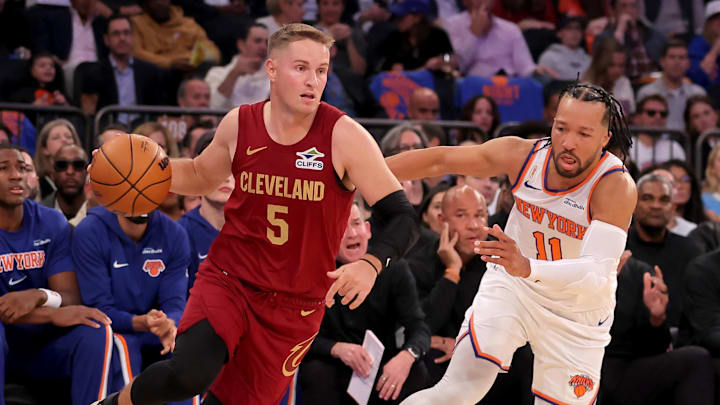 Oct 22, 2025; New York, New York, USA; Cleveland Cavaliers guard Sam Merrill (5) drives to the basket against New York Knicks guard Jalen Brunson (11) during the first quarter at Madison Square Garden. Mandatory Credit: Brad Penner-Imagn Images Oct 22, 2025; New York, New York, USA; Cleveland Cavaliers guard Sam Merrill (5) drives to the basket against New York Knicks guard Jalen Brunson (11) during the first quarter at Madison Square Garden. Mandatory Credit: Brad Penner-Imagn Images