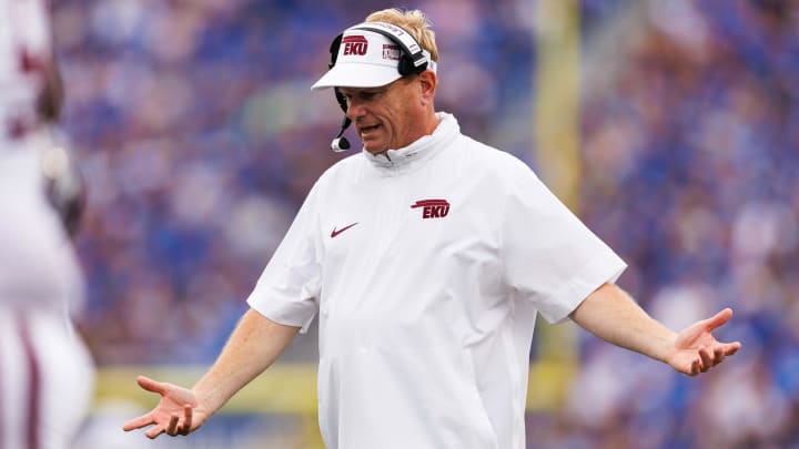 Eastern Kentucky Colonels head coach Walt Wells reacts during the second quarter against the Kentucky Wildcats at Kroger Field. Eastern Kentucky Colonels head coach Walt Wells reacts during the second quarter against the Kentucky Wildcats at Kroger Field.