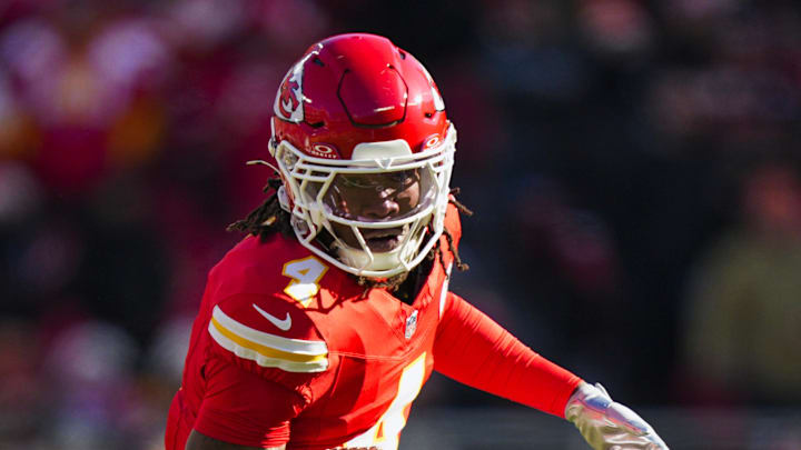Dec 14, 2025; Kansas City, Missouri, USA; Kansas City Chiefs wide receiver Rashee Rice (4) runs for yards after the catch against the Los Angeles Chargers during the first quarter at GEHA Field at Arrowhead Stadium. Mandatory Credit: Jay Biggerstaff-Imagn Images