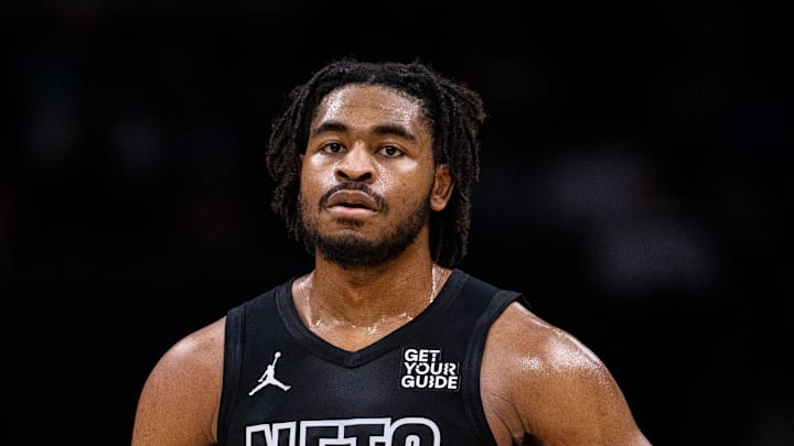 Mar 8, 2025; Charlotte, North Carolina, USA; Brooklyn Nets guard Cam Thomas (24) looks on during a break against the Charlotte Hornets during the second quarter at Spectrum Center. Mandatory Credit: Scott Kinser-Imagn Images Mar 8, 2025; Charlotte, North Carolina, USA; Brooklyn Nets guard Cam Thomas (24) looks on during a break against the Charlotte Hornets during the second quarter at Spectrum Center. Mandatory Credit: Scott Kinser-Imagn Images