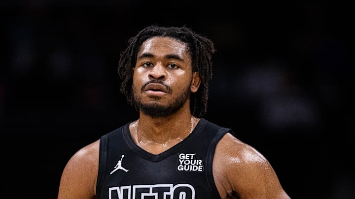 Mar 8, 2025; Charlotte, North Carolina, USA; Brooklyn Nets guard Cam Thomas (24) looks on during a break against the Charlotte Hornets during the second quarter at Spectrum Center. Mandatory Credit: Scott Kinser-Imagn Images Mar 8, 2025; Charlotte, North Carolina, USA; Brooklyn Nets guard Cam Thomas (24) looks on during a break against the Charlotte Hornets during the second quarter at Spectrum Center. Mandatory Credit: Scott Kinser-Imagn Images