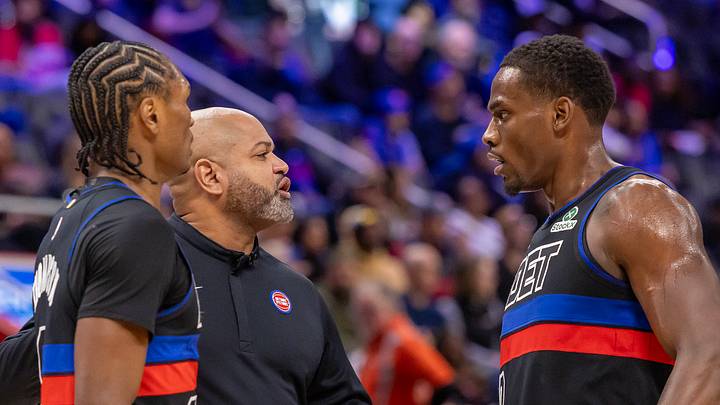 Jan 23, 2026; Detroit, Michigan, USA; Detroit Pistons head coach J.B. Bickerstaff talks to Detroit Pistons guard Ausar Thompson (9) and center Jalen Duren (0) on a time out against the Houston Rockets during the first half at Little Caesars Arena. Mandatory Credit: David Reginek-Imagn Images