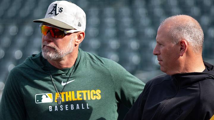 May 16, 2025; San Francisco, California, USA; Athletics manager Mark Kotsay (left) chats up team general manager David Forst before their game against the San Francisco Giants at Oracle Park. Mandatory Credit: D. Ross Cameron-Imagn Images May 16, 2025; San Francisco, California, USA; Athletics manager Mark Kotsay (left) chats up team general manager David Forst before their game against the San Francisco Giants at Oracle Park. Mandatory Credit: D. Ross Cameron-Imagn Images