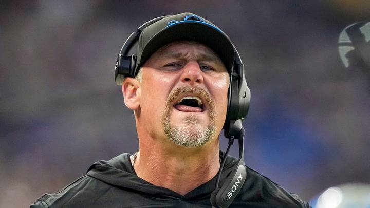 Detroit Lions head coach Dan Campbell yells to the referee on Saturday, Aug. 29, 2026, during the game against the Detroit Lions at Lucas Oil Stadium in Indianapolis. The Detroit Lions defeated the Indianapolis Colts, 25-16.