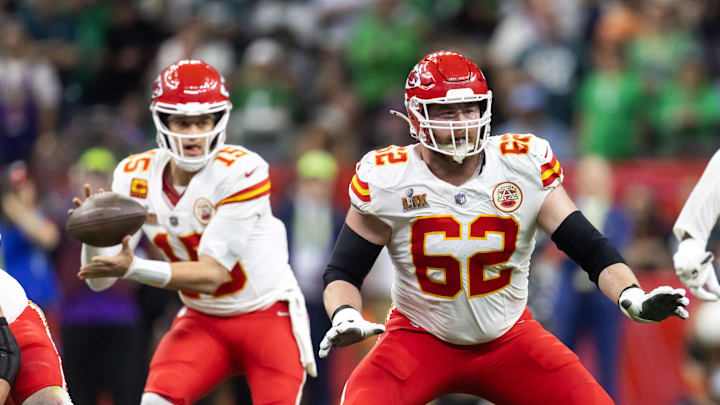 Feb 9, 2025; New Orleans, LA, USA;  Kansas City Chiefs guard Joe Thuney (62)  blocks for quarterback Patrick Mahomes (15) against the Philadelphia Eagles in Super Bowl LIX at Ceasars Superdome. Mandatory Credit: Mark J. Rebilas-Imagn Images