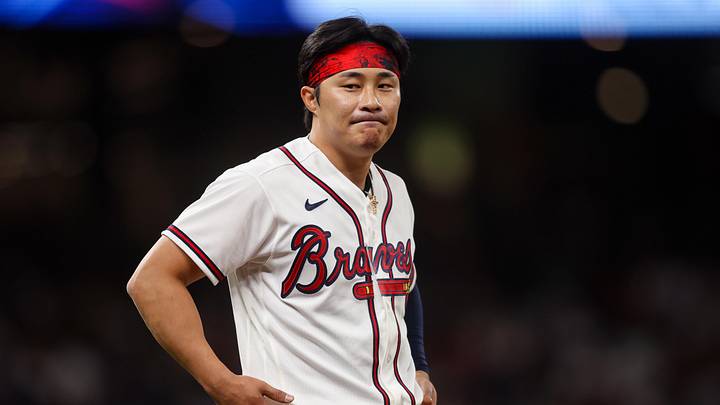 May 14, 2026; Atlanta, Georgia, USA; Atlanta Braves shortstop Ha-Seong Kim (7) reacts after an out against the Chicago Cubs in the eighth inning at Truist Park. Mandatory Credit: Brett Davis-Imagn Images
