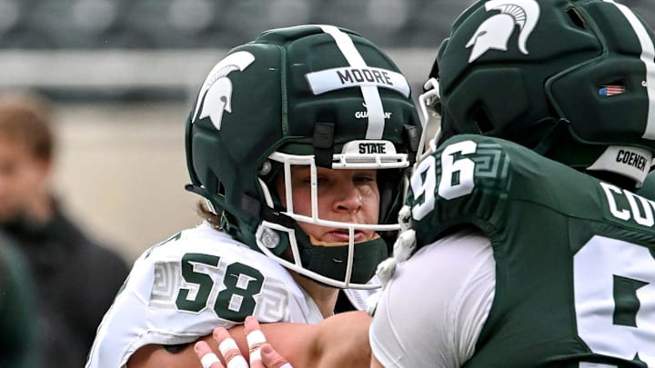 Michigan State's Conner Moore, left, blocks Eli Coenen during the football Spring Showcase on Saturday, April 18, 2026, at Spartan Stadium in East Lansing.
