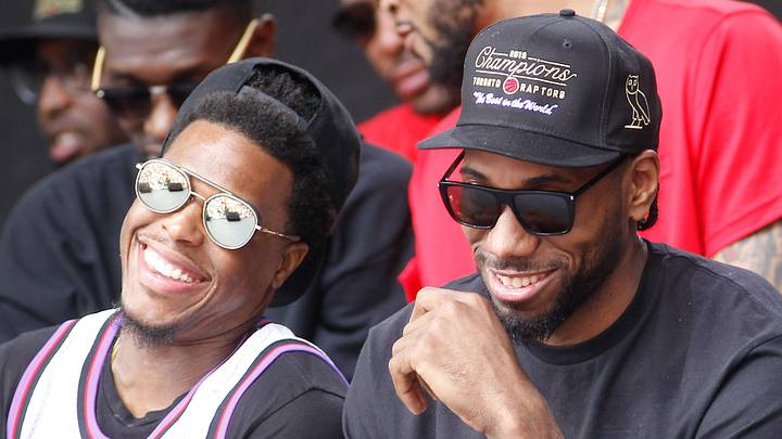Jun 17, 2019; Toronto, Ontario, Canada; Toronto Raptors guard Kyle Lowry (left) and forward Kawhi Leonard (right) during a rally at Toronto City Hall (Nathan Phillips Square). Mandatory Credit: John E. Sokolowski-USA TODAY Sports