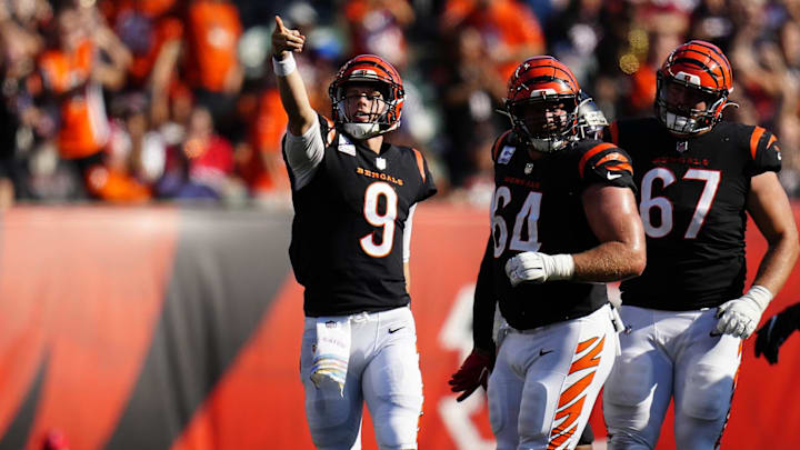 Oct 7, 2022; Cincinnati, OH, USA;  

Cincinnati Bengals quarterback Joe Burrow (9) celebrates a