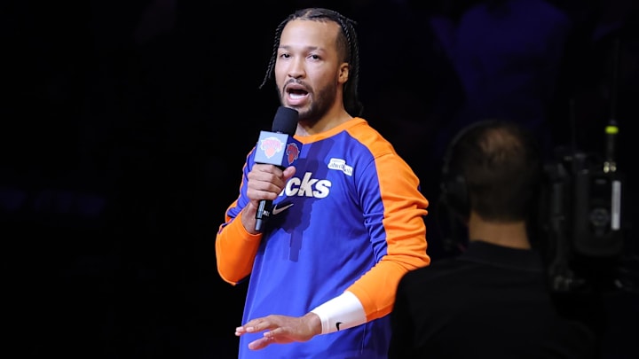 Oct 25, 2024; New York, New York, USA; New York Knicks guard Jalen Brunson (11) addresses the fans before the team's home opener against the Indiana Pacers at Madison Square Garden. Mandatory Credit: Brad Penner-Imagn Images