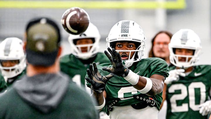 Michigan State wide receiver Nick Marsh catches a pass during football practice on Tuesday, April 8, 2025, in East Lansing. Michigan State wide receiver Nick Marsh catches a pass during football practice on Tuesday, April 8, 2025, in East Lansing.