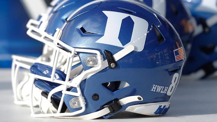 Nov 19, 2022; Pittsburgh, Pennsylvania, USA;  Duke Blue Devils helmets on the sidelines against the Pittsburgh Panthers during the third quarter at Acrisure Stadium. Mandatory Credit: Charles LeClaire-Imagn Images