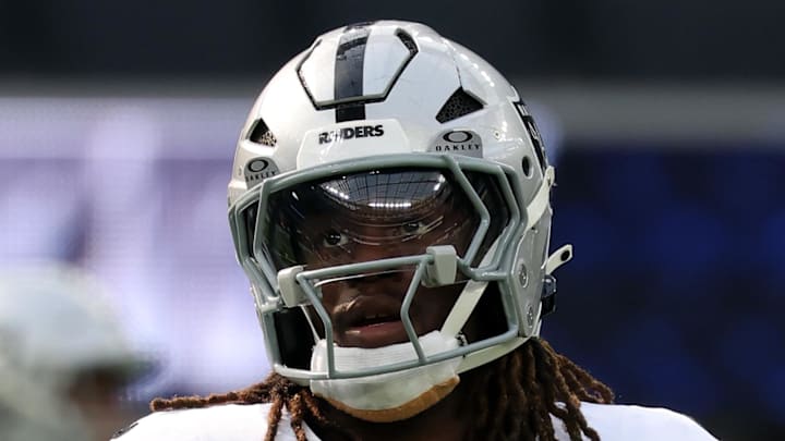 Nov 30, 2025; Inglewood, California, USA; Las Vegas Raiders running back Ashton Jeanty (2) practices before the game at SoFi Stadium. Mandatory Credit: Kiyoshi Mio-Imagn Images