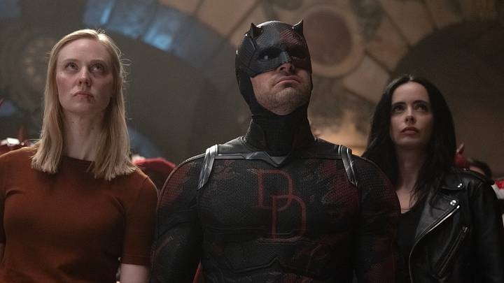 (L-R) Karen Page (Deborah Ann Woll), Matt Murdock/Daredevil (Charlie Cox) and Jessica Jones (Krysten Ritter) in Marvel Television's DAREDEVIL: BORN AGAIN SEASON 2, exclusively on Disney+. Photo by Jojo Whilden. © 2026 MARVEL.