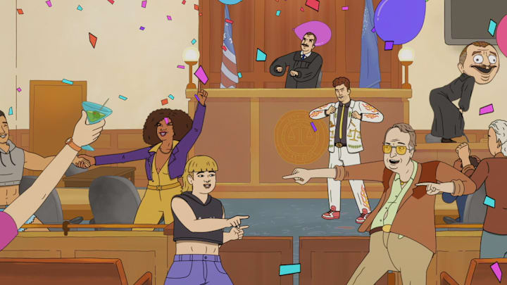Strip Law S1. Janelle James as Sheila Flambe, Shannon Gisela as Irene Gumb, Adam Scott as Lincoln Gumb, ESQ., and Stephen Root as Glem Blorchman in Strip Law S1. Cr. Courtesy of Netflix © 2026