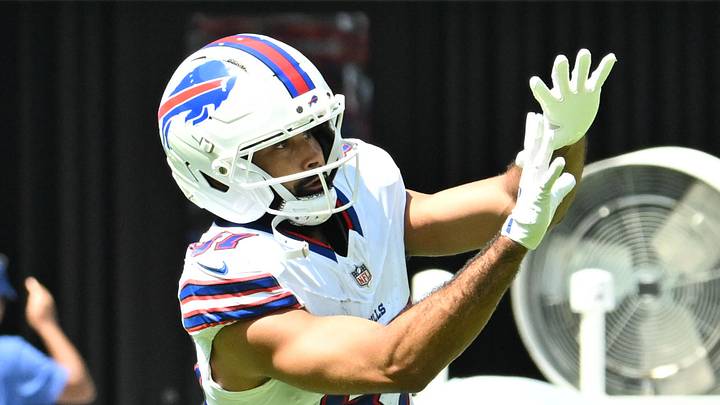 Aug 15, 2026; Orchard Park, New York, USA; Buffalo Bills wide receiver Dante Pettis (87) warms up before a pre-season game against the Carolina Panthers at the New Highmark Stadium. Mandatory Credit: Mark Konezny-Imagn Images