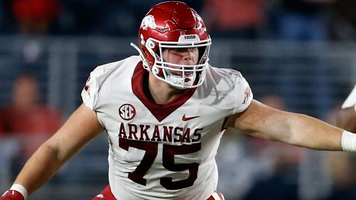 Arkansas Razorbacks offensive linemen Patrick Kutas blocks during the second half against the Mississippi Rebels at Vaught-Hemingway Stadium. 