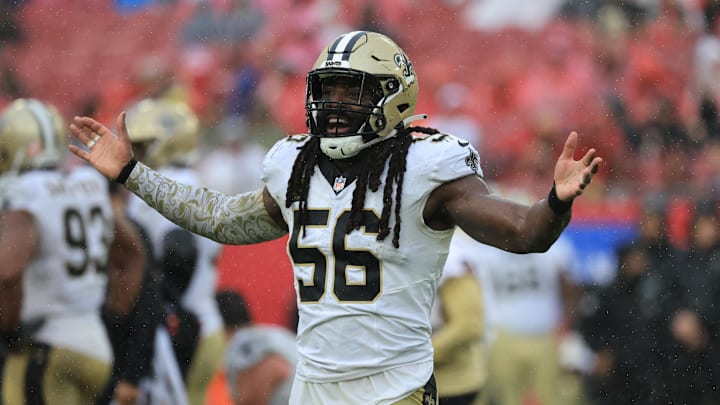 Dec 7, 2025; Tampa, Florida, USA; New Orleans Saints linebacker Demario Davis (56) reacts after a tackle during the second quarter against the Tampa Bay Buccaneers at Raymond James Stadium. Mandatory Credit: Kim Klement Neitzel-Imagn Images