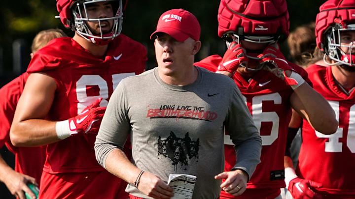 Aug 1, 2024; Columbus, OH, USA; Ohio State Buckeyes tight ends coach Keenan Bailey works with players during football camp at the Woody Hayes Athletic Complex.