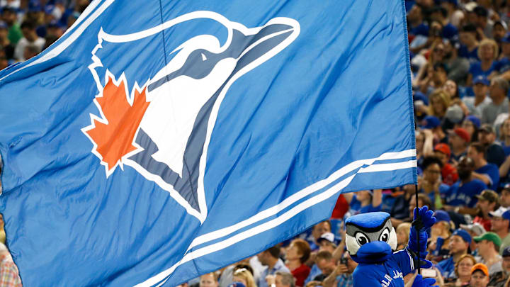 May 27, 2016; Toronto, Ontario, CAN; Toronto Blue Jays mascot Ace waves a Blue Jays flag during the seventh inning stretch during MLB game action against the Boston Red Sox at Rogers Centre. Mandatory Credit: Kevin Sousa-Imagn Images
