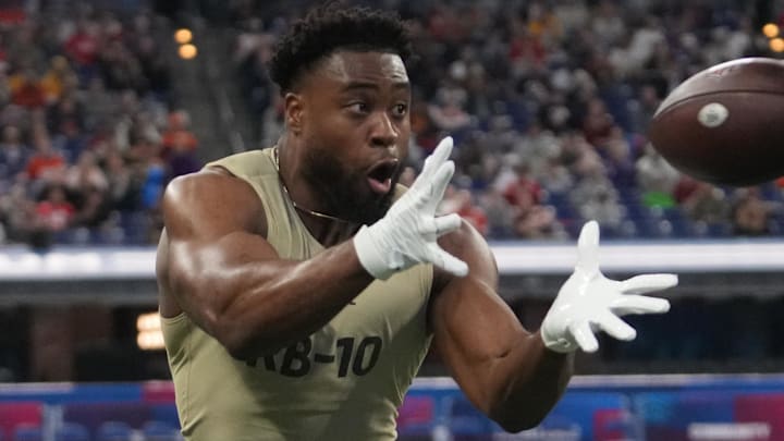 Mar 2, 2024; Indianapolis, IN, USA; Notre Dame running back Audric Estime (RB10) during the 2024 NFL Combine at Lucas Oil Stadium. Mandatory Credit: Kirby Lee-Imagn Images