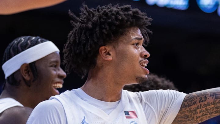 Dec 22, 2025; Chapel Hill, North Carolina, USA; North Carolina Tar Heels forward Jonathan Powell (11) celebrates during the second half at Dean E. Smith Center. Mandatory Credit: Scott Kinser-Imagn Images