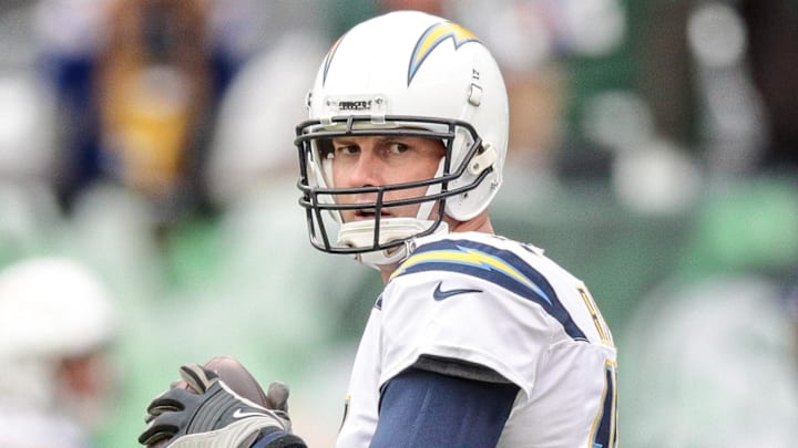 Dec 24, 2017; East Rutherford, NJ, USA; Los Angeles Chargers quarterback Philip Rivers (17) warms up before his game against the New York Jets at MetLife Stadium. Mandatory Credit: Vincent Carchietta-Imagn Images