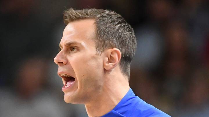 Duke Blue Devils head coach Jon Scheyer yells down court Saturday, March 21, 2026, during the NCAA Men’s Basketball Tournament second round game against the TCU Horned Frogs at Bon Secours Wellness Arena in Greenville, South Carolina.