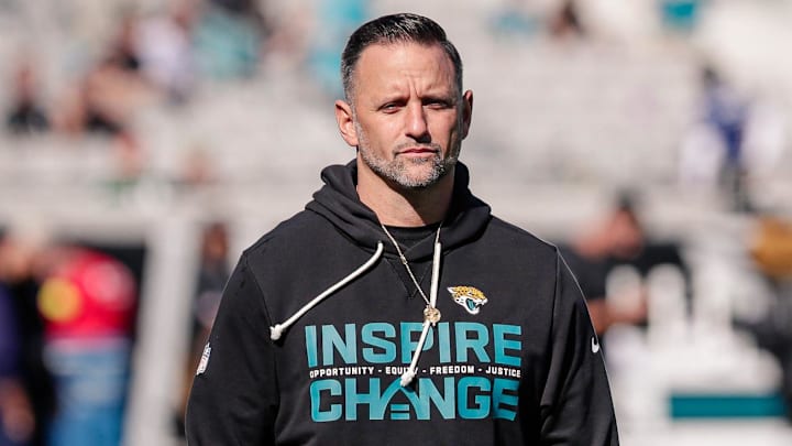 Dec 14, 2025; Jacksonville, Florida, USA;Jacksonville Jaguars defensive coordinator Anthony Campanile stands on the field during pregame warmups against the New York Jets at EverBank Stadium. Mandatory Credit: Travis Register-Imagn Images
