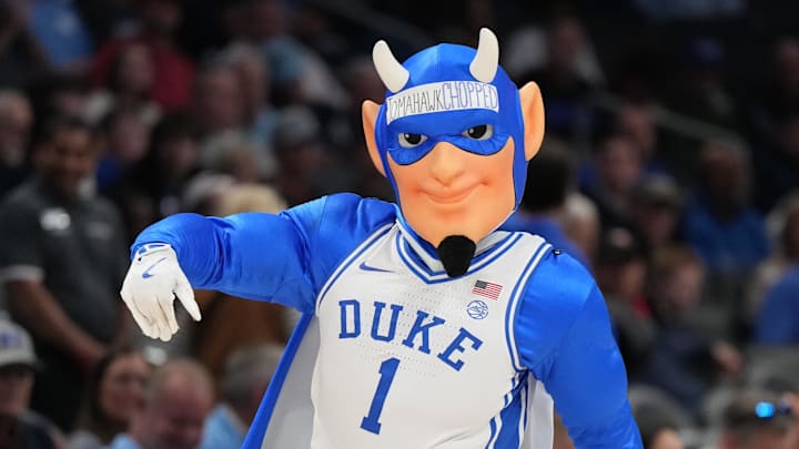 Mar 12, 2026; Charlotte, NC, USA; Duke Blue Devils mascot on the court in the first half at Spectrum Center. Mandatory Credit: Bob Donnan-Imagn Images