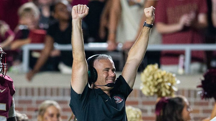 Florida State Seminoles head coach Mike Norvell celebrates a pick six. The Florida State Seminoles defeated the Southern Miss Golden Eagles on Saturday, Sept. 9, 2023. Florida State Seminoles head coach Mike Norvell celebrates a pick six. The Florida State Seminoles defeated the Southern Miss Golden Eagles on Saturday, Sept. 9, 2023.