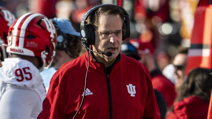 Indiana Hoosiers head coach Curt Cignetti walks the sidelines against the Maryland Terrapins at SECU Stadium. 