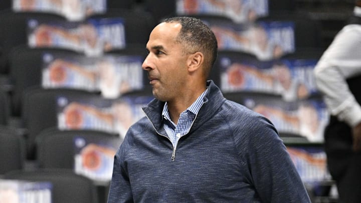 Nov 3, 2024; Dallas, Texas, USA; Dallas Mavericks center Dwight Powell (left) speaks with Mavericks general manager Nico Harrison (right) before the game between the Dallas Mavericks and the Orlando Magic at American Airlines Center. Mandatory Credit: Jerome Miron-Imagn Images