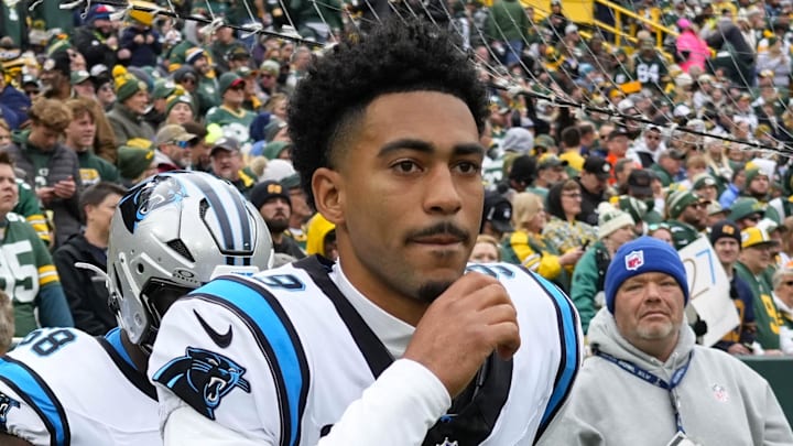 Carolina Panthers quarterback Bryce Young runs onto the field prior to the game against the Green Bay Packers.