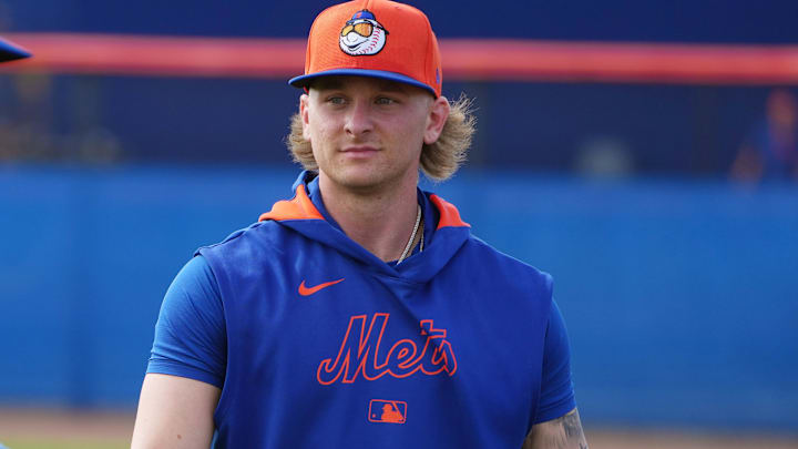Feb 13, 2025; Port St. Lucie, FL, USA; New York Mets infielder Jett Williams, right, participates in Spring Training activities. Mandatory Credit: Jim Rassol-Imagn Images