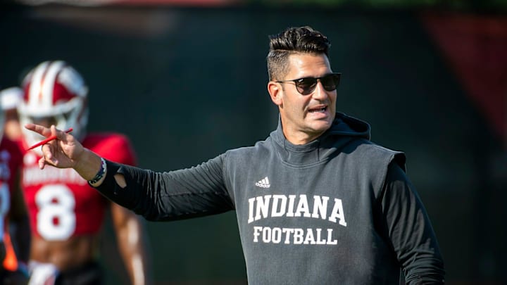 Indiana University Quarterbacks Coach Tino Sunseri instucts players during fall practice at the Mellencamp Pavilion at Indiana University on Tuesday, Aug. 6, 2024.