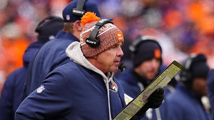Jan 25, 2026; Denver, CO, USA; Denver Broncos head coach Sean Payton during the first half in the 2026 AFC Championship Game at Empower Field at Mile High. Mandatory Credit: Ron Chenoy-Imagn Images