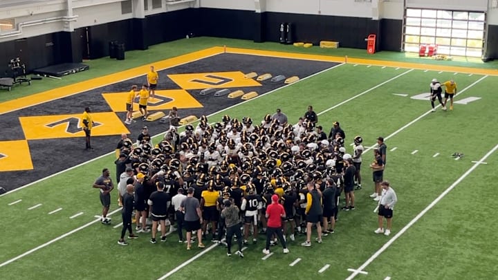 Players huddle up ahead of the Missouri Tigers second fall camp practice at the Stephens Indoor Facility on Tuesday, July 29 in Columbia, Missouri. Players huddle up ahead of the Missouri Tigers second fall camp practice at the Stephens Indoor Facility on Tuesday, July 29 in Columbia, Missouri.